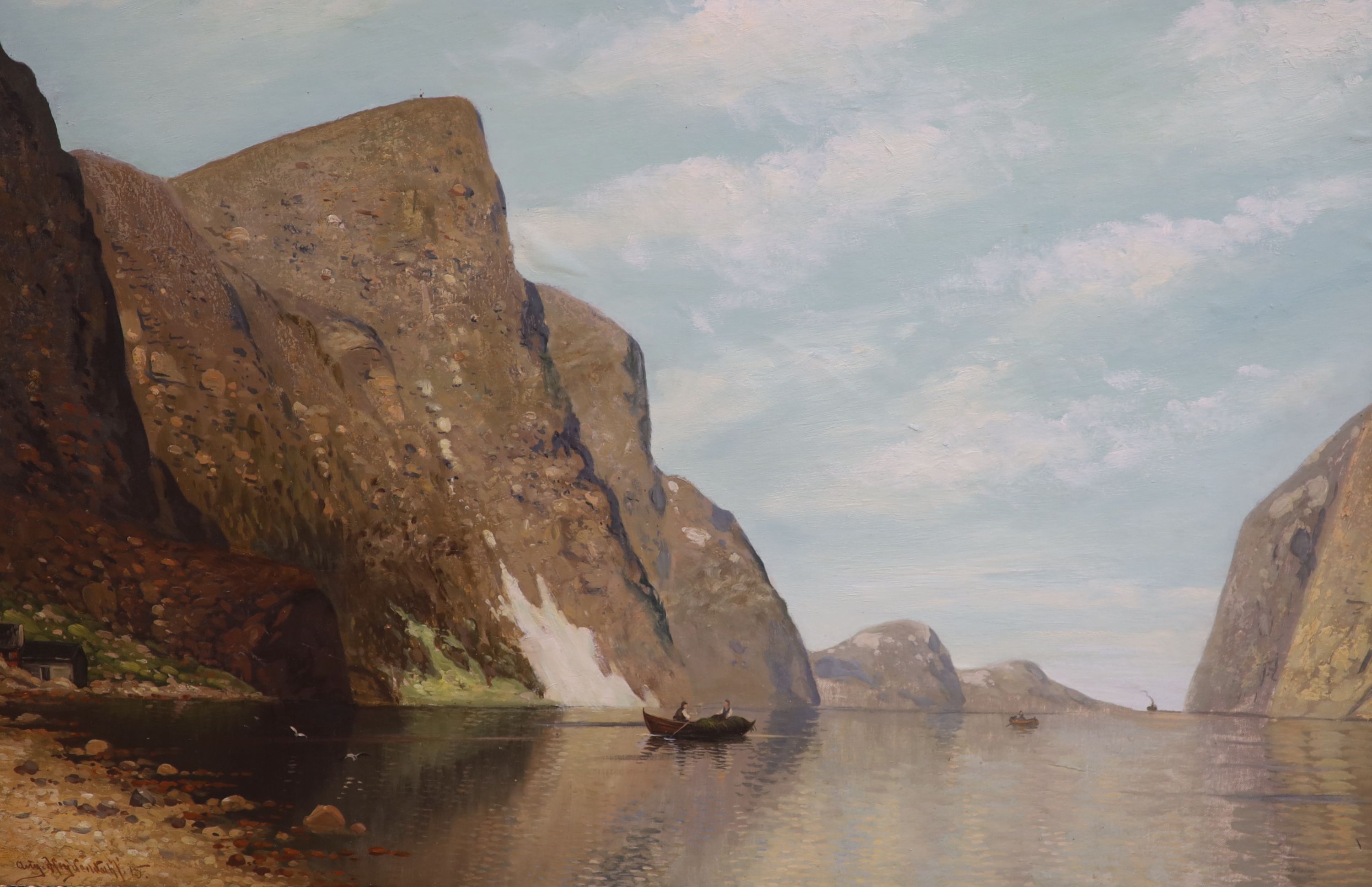 August Heydendahl (1878-1960), oil on canvas, Norwegian fjord with boats and a distant steamship, buildings to the foreground, signed and dated '15, 76 x 118cm